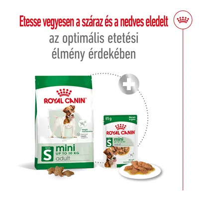 Royal Canin mini adult száraz és nedves eledel kutyáknak. Szöveg: Etess vegyesen a száraz és a nedves eledelt az optimális etetési élmény érdekében.