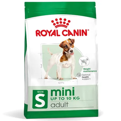 Pachet Royal Canin mini adult, size S, până la 10 kg. Text vizibil: Weight maintenance, Optimal health support. Imagine cu un câine mic pe ambalaj.