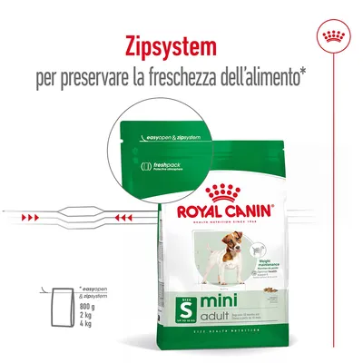 Royal Canin mini adult con sistema easyopen & zipsystem per preservare la freschezza, confezione freshpack. Taglie: 800 g, 2 kg, 4 kg. Testo visibile: Zipsystem per preservare la freschezza dell’alimento.