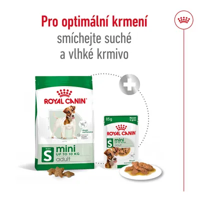Pro optimální krmení smíchejte suché a vlhké krmivo. Royal Canin mini adult S do 10 kg, balení suchého i vlhkého krmiva, 85 g.