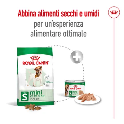 Royal Canin mini adult fino a 10 kg: confezione di crocchette e lattina di cibo umido con scritta 'Abbina alimenti secchi e umidi per un’esperienza alimentare ottimale'.