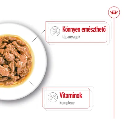 Tálban szószos állateledel, mellette feliratok: Könnyen emészthető tápanyagok, Vitaminok komplexe