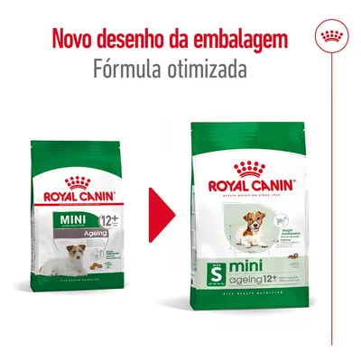 Comparação de embalagens Royal Canin Mini Ageing 12+, com indicação de novo desenho da embalagem e fórmula otimizada. Ambas as embalagens visíveis lado a lado.