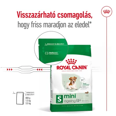 Royal Canin mini ageing 12+ kutyatáp visszazárható csomagolásban, easyopen & zipsystem, freshpack. Kiszerelések: 800 g, 1,5 kg, 3,5 kg. Visszazárható csomagolás kiemelve.