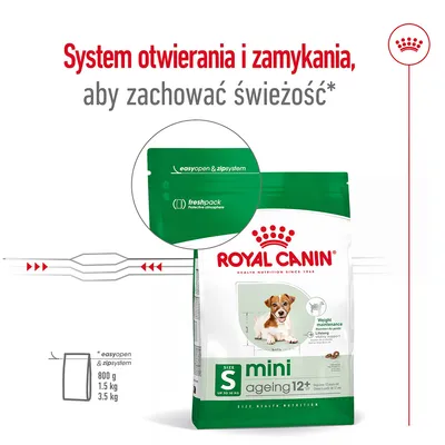 Royal Canin mini ageing 12+ karma dla psa, opakowanie z systemem easyopen & zipsystem oraz freshpack. System otwierania i zamykania, aby zachować świeżość. Dostępne rozmiary: 800 g, 1,5 kg, 3,5 kg.