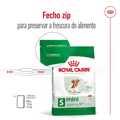 Royal Canin mini ageing 12+ com fecho zip para preservar a frescura do alimento. Embalagens de 800 g, 1,5 kg e 3,5 kg. Texto visível: easyopen & zipsystem, freshpack.