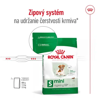 ROYAL CANIN mini ageing 12+ s easyopen & zipsystem, freshpack ochranné balenie, zipový systém na udržanie čerstvosti krmiva, veľkosti 800 g, 1,5 kg, 3,5 kg