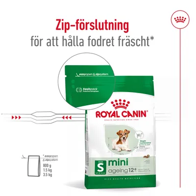 Royal Canin mini ageing 12+ hundfoder med zip-förslutning, text: Zip-förslutning för att hålla fodret fräscht, easyopen & zipsystem, freshpack. Storlekar: 800 g, 1,5 kg, 3,5 kg.