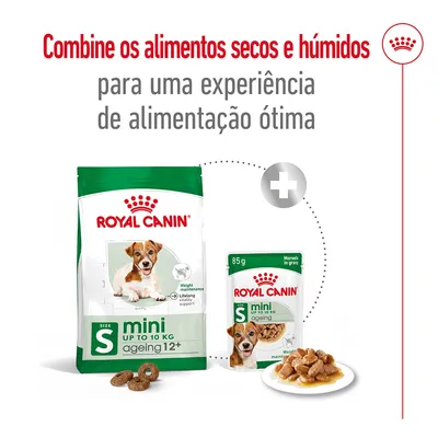ROYAL CANIN mini UP TO 10 KG ageing 12+ ração seca e húmida, embalagem de 85 g. Texto: Combine os alimentos secos e húmidos para uma experiência de alimentação ótima.
