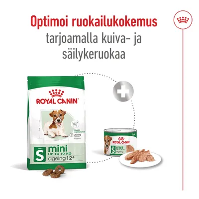 Royal Canin mini ageing 12+ kuivaruoan ja säilykeruoan yhdistelmä, pakkaus ja annos näkyvissä. Teksti: Optimoi ruokailukokemus tarjoamalla kuiva- ja säilykeruokaa.