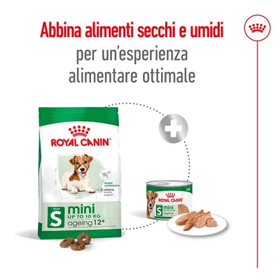 Royal Canin mini ageing 12+ fino a 10 kg, alimenti secchi e umidi per cani. Testo: Abbina alimenti secchi e umidi per un’esperienza alimentare ottimale.