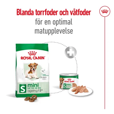 Blanda torrfoder och våtfoder för en optimal matupplevelse. Royal Canin mini ageing 12+ torrfoderpåse och våtfoderrburk med synlig produkt på tallrik.