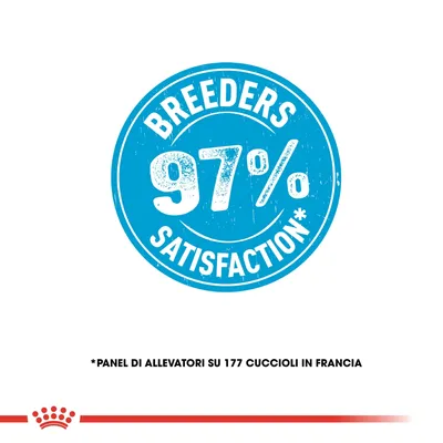 Testo in inglese: Breeders 97% satisfaction. Panel di allevatori su 177 cuccioli in Francia.