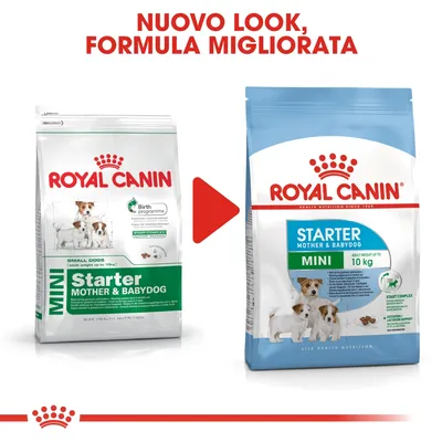 Confronto tra vecchio e nuovo packaging Royal Canin Starter Mother & Babydog Mini, peso adulto fino a 10 kg. Testo: Nuovo look, formula migliorata.