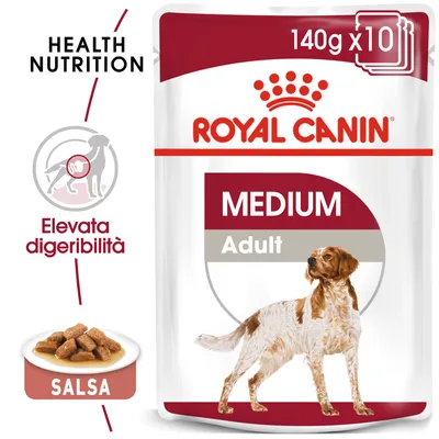 Royal Canin Medium Adult, 140 g x10, elevata digeribilità, salsa. Immagine di cane adulto su confezione. Testo visibile: Health Nutrition.