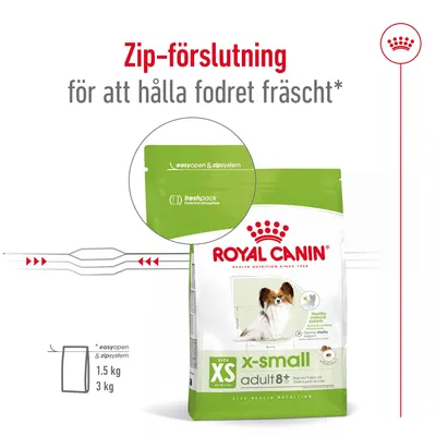 Royal Canin x-small adult 8+ hundfoder med zip-förslutning, text: easyopen & zipsystem, freshpack. Zip-förslutning för att hålla fodret fräscht. Förpackningsstorlek: 1,5 kg och 3 kg.