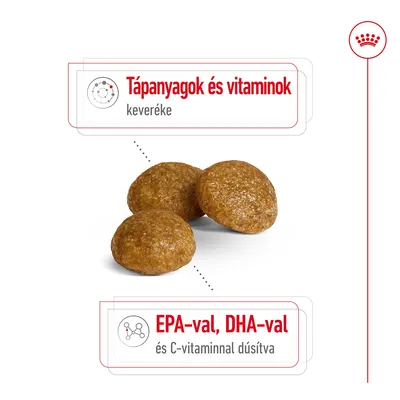 Három barna száraztáp szem, feliratok: Tápanyagok és vitaminok keveréke; EPA-val, DHA-val és C-vitaminnal dúsítva.