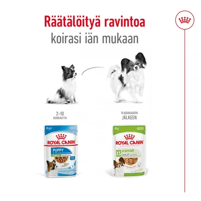 Royal Canin -räätälöityä ravintoa koiran iän mukaan. 2–10 kuukautta: Puppy X-Small, 10 kuukauden jälkeen: XS X-Small Adult. Kaksi koiraa ja kaksi ruokapakkausta.