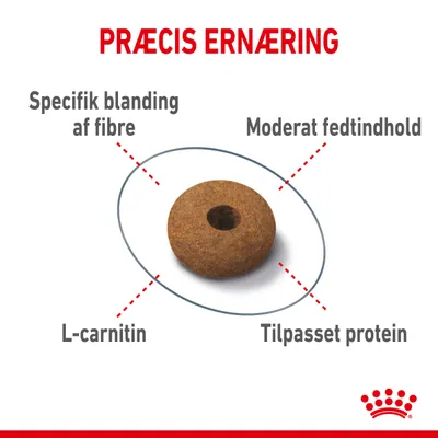 Præcis ernæring. Specifik blanding af fibre, moderat fedtindhold, L-carnitin, tilpasset protein. Billede af foderpille med hul i midten.