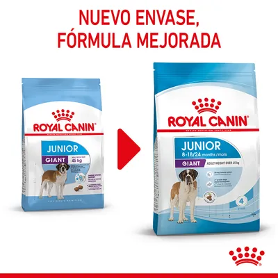 Royal Canin Junior Giant, nuevo envase y fórmula mejorada. Antes: para perros de más de 45 kg. Ahora: 8–18/24 meses, peso adulto más de 45 kg. Imagen de ambos sacos.