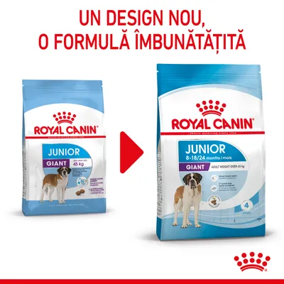 Royal Canin Junior Giant, design nou și formulă îmbunătățită. Ambalaj vechi: 45 kg. Ambalaj nou: 8–18/24 months, adult weight over 45 kg. Imagine cu două pungi de hrană.