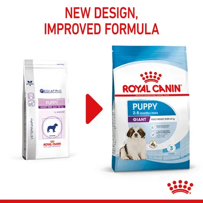 New design and improved formula for Royal Canin Puppy Giant food, showing transition from old to new packaging for puppies over 45 kg aged 2-8 months.