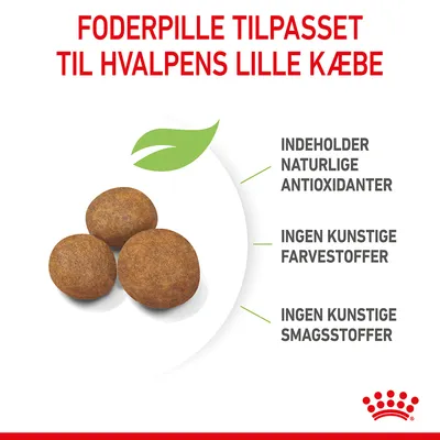 Foderpille tilpasset til hvalpens lille kæbe. Indeholder naturlige antioxidanter, ingen kunstige farvestoffer, ingen kunstige smagsstoffer. Tre foderpiller vist.