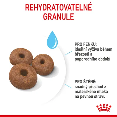 Rehydratovatelné granule, zobrazené tři kusy. Text: Pro fenku – ideální výživa během březosti a poporodního období. Pro štěně – snadný přechod z mateřského mléka na pevnou stravu.