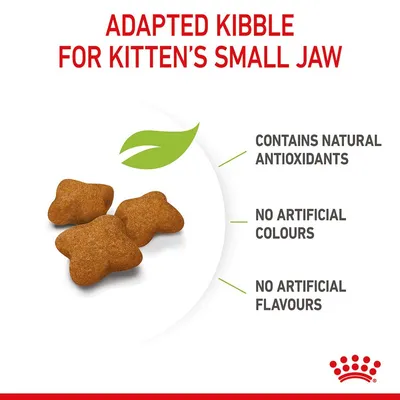 Kattungefoder med anpassad storlek. Innehåller naturliga antioxidanter, inga artificiella färgämnen eller smaker. Text på engelska: Adapted kibble for kitten's small jaw.