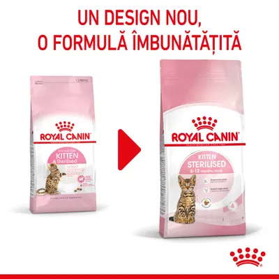 Pachete Royal Canin Kitten Sterilised, vechi și nou, cu text: Un design nou, o formulă îmbunătățită. Ambalajul nou indică 6–12 months/mois și imaginea unui pisoi.