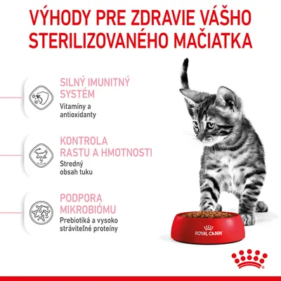 Výhody pre zdravie sterilizovaného mačiatka: silný imunitný systém (vitamíny a antioxidanty), kontrola rastu a hmotnosti (stredný obsah tuku), podpora mikrobiómu (prebiotiká, proteíny). Royal Canin.