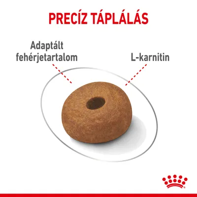 Precíz táplálás. Adaptált fehérjetartalom, L-karnitin. Egy szem barna színű táp, Royal Canin logóval.