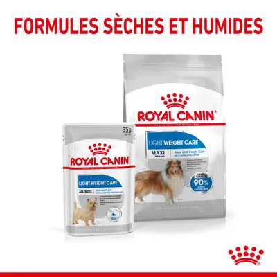 ROYAL CANIN Light Weight Care, sachet 85 g et sac Maxi, formules sèches et humides pour chien. Texte visible : Helps limit weight gain, 90 % positive results.