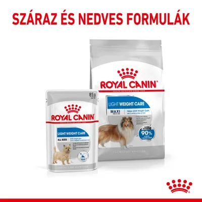 Royal Canin Light Weight Care száraz és nedves kutyaeledel csomagolás, felirat: SZÁRAZ ÉS NEDVES FORMULÁK. Látható: Maxi, 85 g, 90% eredmény, márkanév.