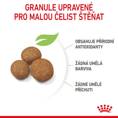 Granule upravené pro malou čelist štěňat. Obsahuje přírodní antioxidanty, žádná umělá barviva, žádné umělé příchuti. Tři kulaté granule na obrázku.