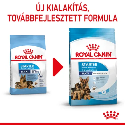 ROYAL CANIN STARTER MOTHER & BABYDOG MAXI 26–44 kg kutyatáp régi és új csomagolása, felül: Új kialakítás, továbbfejlesztett formula