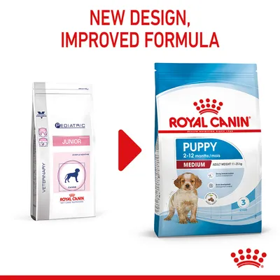Image shows Royal Canin packaging change from Pediatric Junior to Puppy Medium 2-12 months, with text stating new design and improved formula.