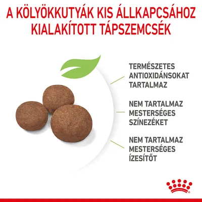 A kölyökkutyák kis állkapcsához kialakított tápszemcsék. Természetes antioxidánsokat tartalmaz, nem tartalmaz mesterséges színezéket és ízesítőt.