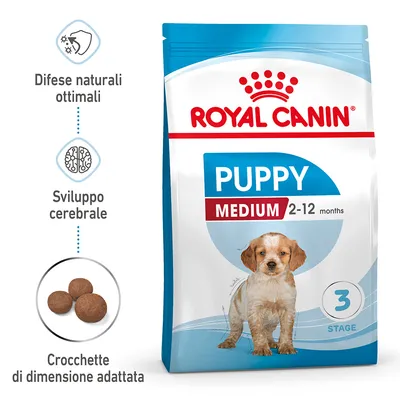 Royal Canin Puppy Medium 2-12 months, difese naturali ottimali, sviluppo cerebrale, crocchette di dimensione adattata, confezione da 3 stage visibile.
