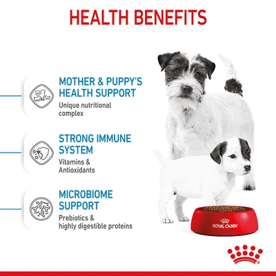 Health benefits: mother and puppy’s health support with unique nutritional complex, strong immune system with vitamins and antioxidants, microbiome support with prebiotics and digestible proteins.