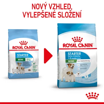 ROYAL CANIN STARTER MINI, porovnání starého a nového balení s textem: Nový vzhled, vylepšené složení. Na obou obalech jsou štěňata a nápisy Starter Mini.