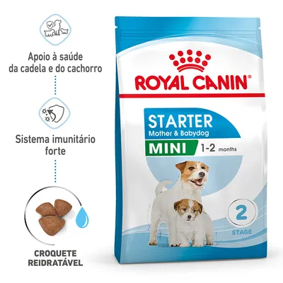 Royal Canin Starter Mother & Babydog Mini 1–2 months. Apoio à saúde da cadela e do cachorro, sistema imunitário forte, croquete reidratável. Imagem de embalagem com dois cães.