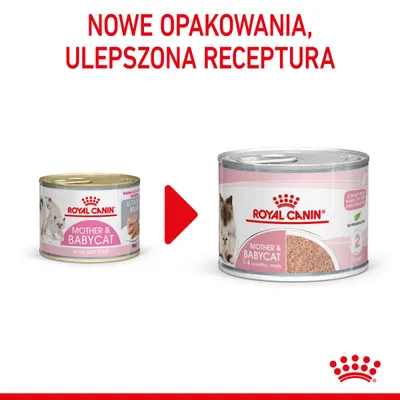 Nowe opakowania, ulepszona receptura. Dwie puszki Royal Canin Mother & Babycat – po lewej stare, po prawej nowe opakowanie z widoczną zmianą etykiety.