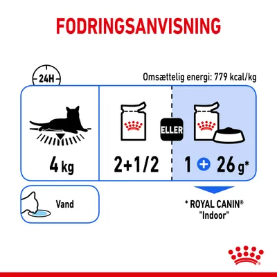 Fodringsanvisning for kat 4 kg: 2+1/2 dåser eller 1 dåse plus 26 g tørfoder. Omsættelig energi: 779 kcal/kg. Vand anbefales. Royal Canin Indoor nævnt.