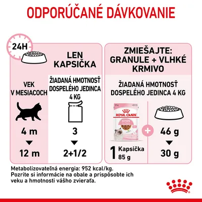 Odporúčané dávkovanie Royal Canin Kitten: len kapsička – 3 až 2,5 kapsičky denne podľa veku mačky; zmiešané krmivo – 1 kapsička 85 g plus 46–30 g granúl pre dospelú hmotnosť 4 kg.
