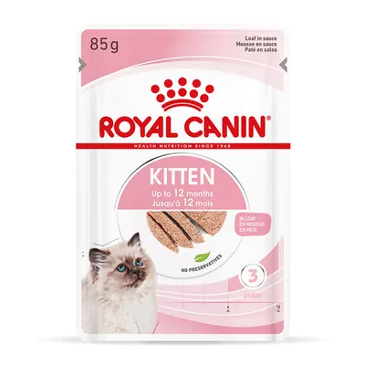 Royal Canin Kitten food, 85g pouch, for kittens up to 12 months, loaf in sauce, no preservatives, stage 3.