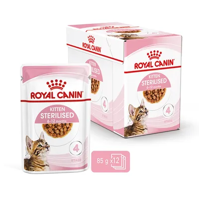 Royal Canin Kitten Sterilised 6–12 měsíců, mokré krmivo pro kočky, balení 12 x 85 g sáčků.