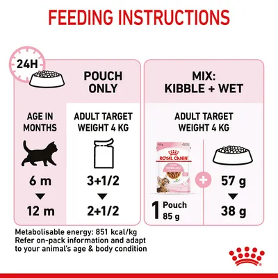 Feeding instructions for adult target weight 4kg: pouch only, 3.5 to 2.5 pouches daily from 6 to 12 months; mix of 1 wet pouch plus 57g to 38g kibble. Energy: 851 kcal/kg.