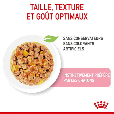Taille, texture et goût optimaux. Sans conservateurs, sans colorants artificiels. Instinctivement préféré par les chatons.