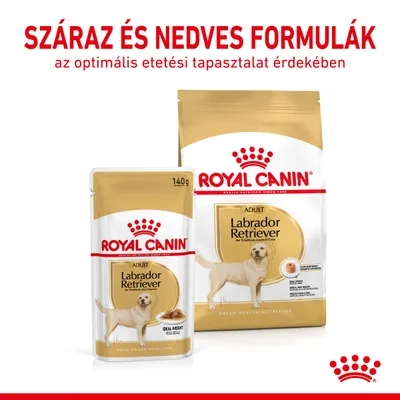 ROYAL CANIN Adult Labrador Retriever száraz és nedves kutyaeledel csomagolás, 140 g tasak és nagyobb zacskó. Száraz és nedves formulák az optimális etetési tapasztalatért.